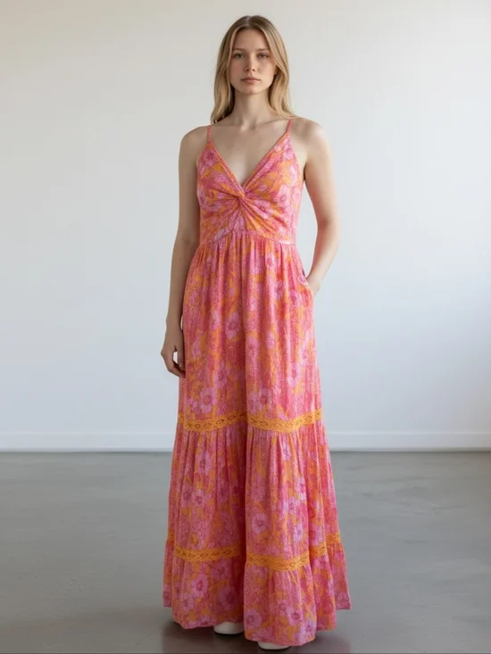 Angie Pink and Orange Floral Maxi Dress with Twist Bodice Size Medium - Picture 9 of 9